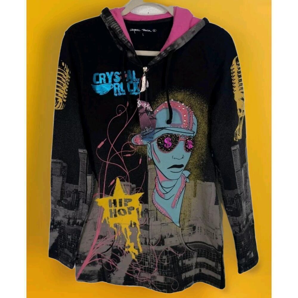 Crystal Rock Jacket XS Y2K Hip Hop Rhinestone Hoodie Christian Audigier A117